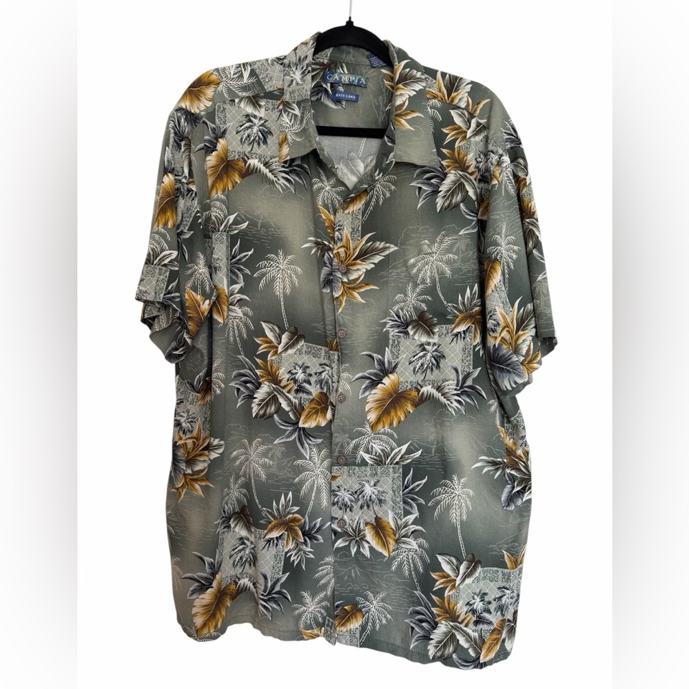Campia‎ Men's Tropical Print Shirt Green White & Tan XXL Easy Care